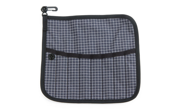 The front of a Tool Pen Wrap in Steel (dark-grey with white grid) 200 Halcyon.